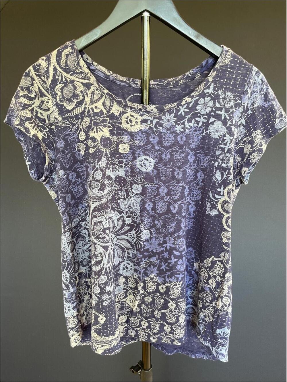 Lucky Brand Blue Floral Patchwork Print Scoop Neck Tee Medium